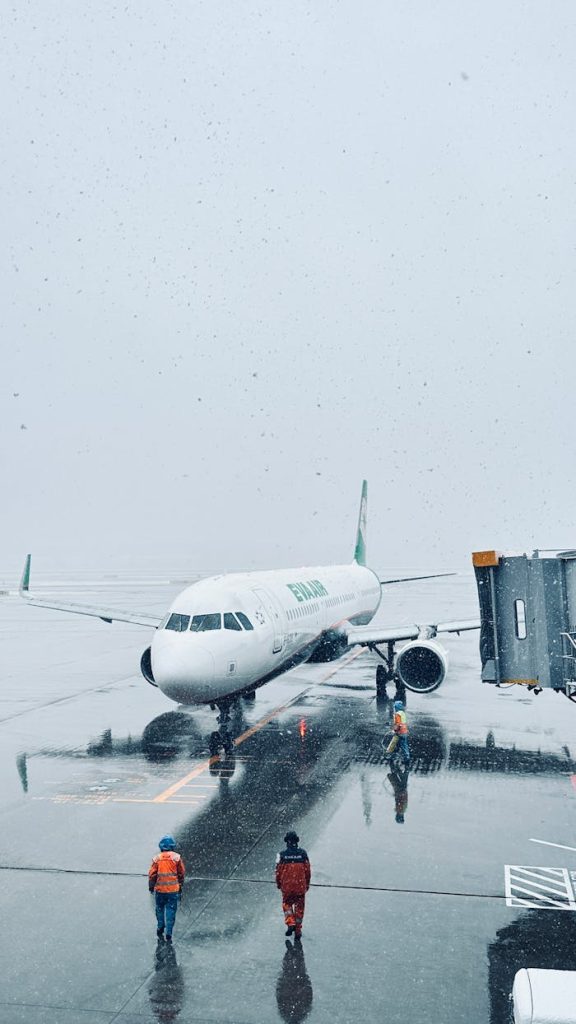 Airplane on tarmac during snowfall at Narita Airport, Chiba, Japan.